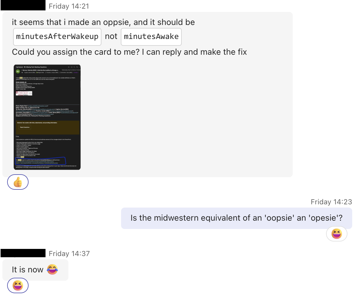 A chat conversation discussing a coding error with humorous emoji reactions and a playful comment about regional language differences.